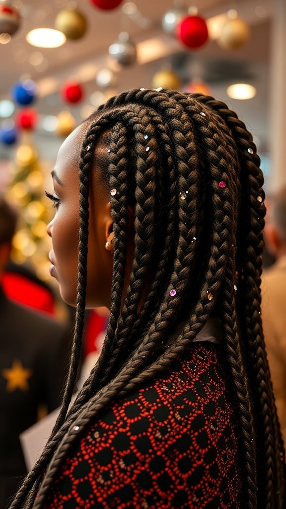 A woman with medium knotless box braids decorated with glitter accents, showcasing a stylish hairstyle.