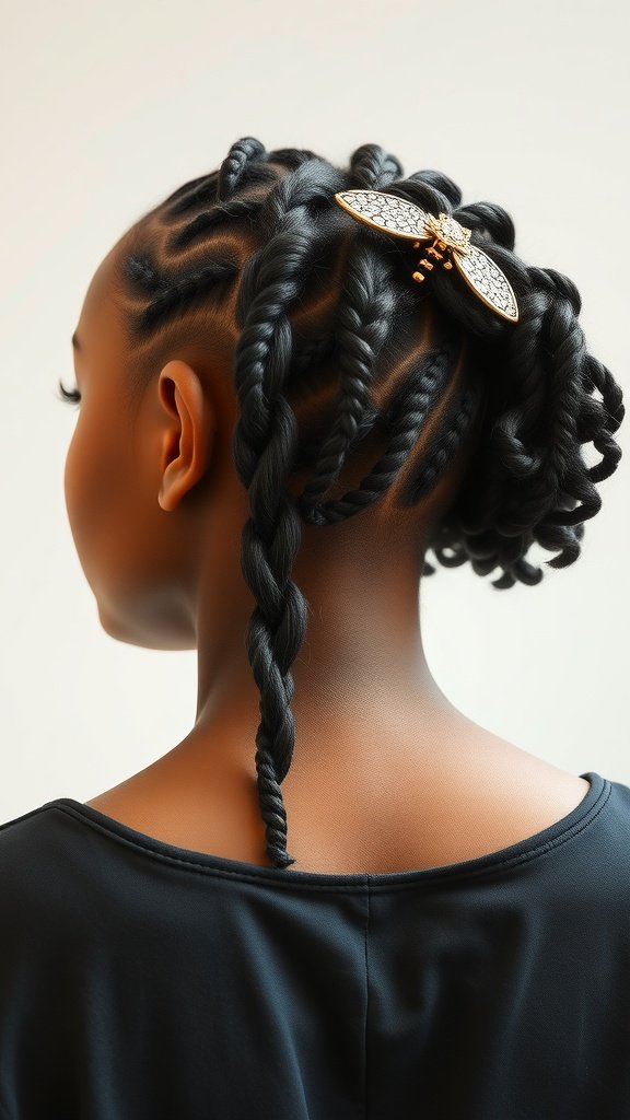 A close-up view of medium knotless box braids styled with a decorative hair clip.