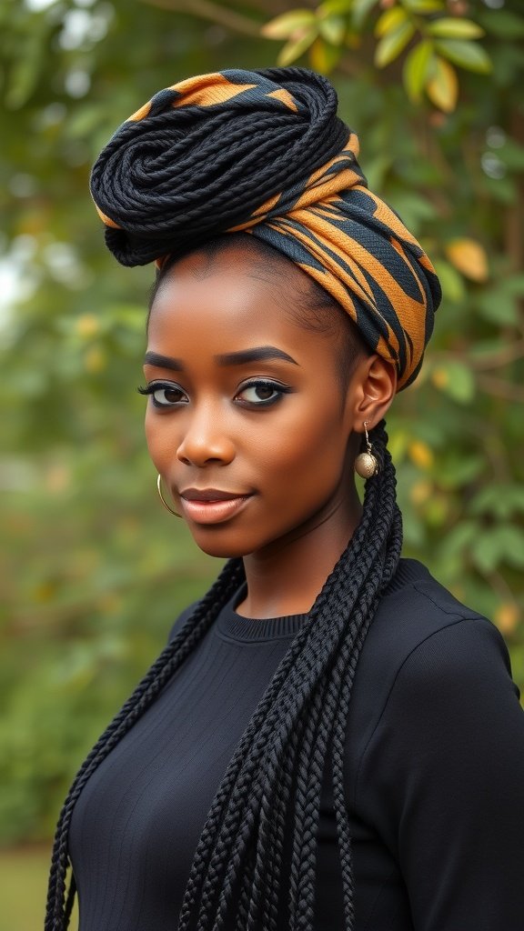 A woman with medium knotless box braids styled with a colorful hair wrap, showcasing a chic and stylish look.