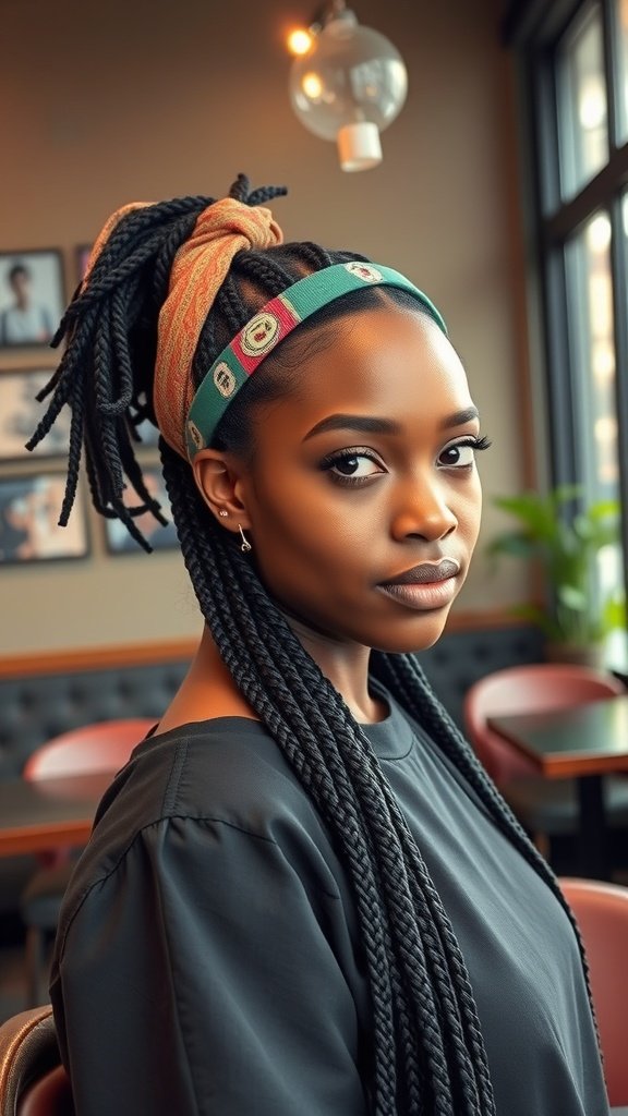 A woman with medium knotless box braids styled with a colorful headband, sitting in a cafe.