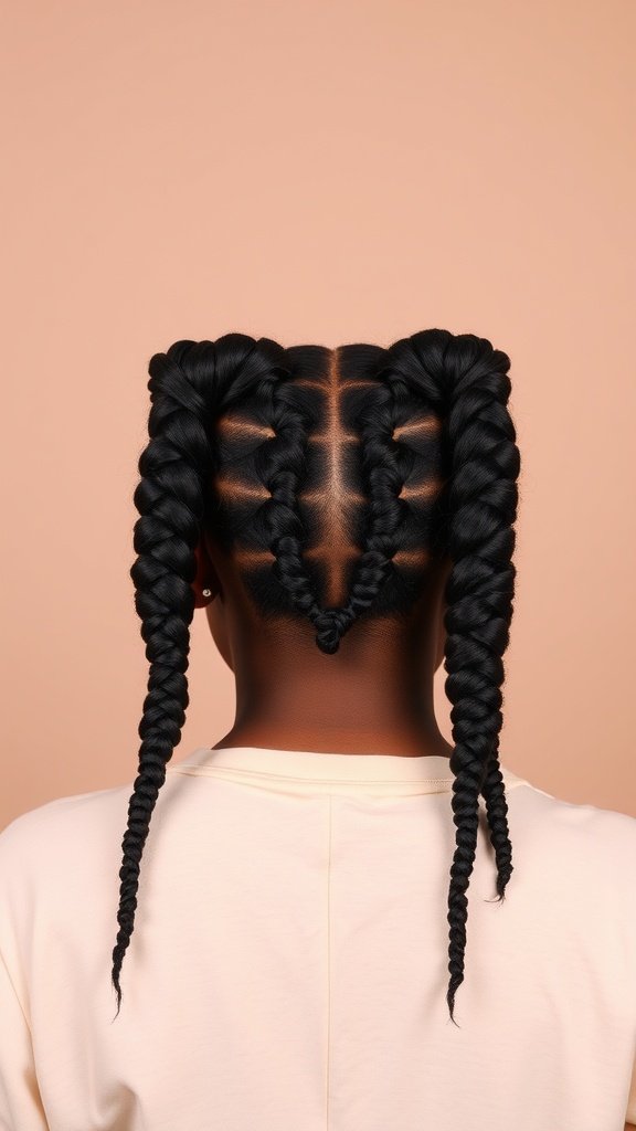 A person with medium knotless box braids styled in a heart shape, showcasing a unique and playful hairstyle.
