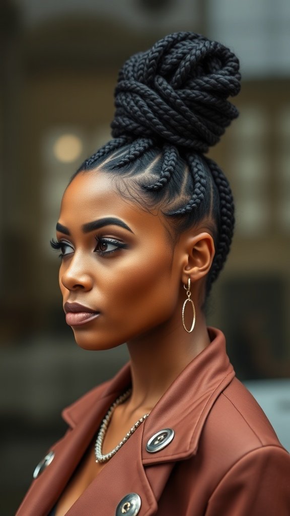 A woman with medium knotless box braids styled in a high bun, showcasing a polished look with elegant accessories.