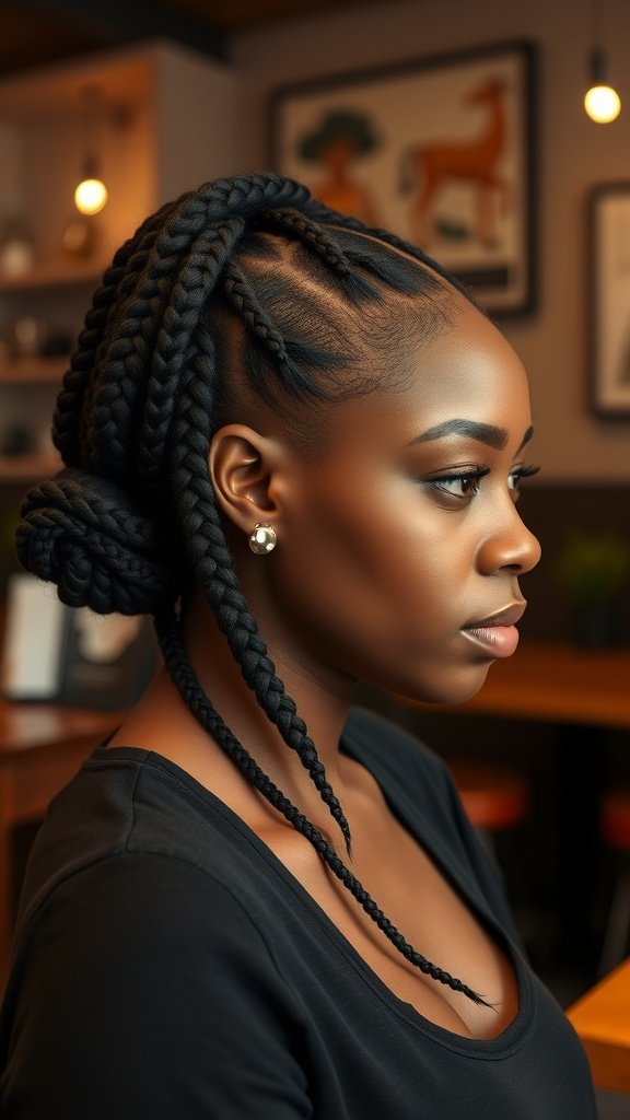 A woman with medium knotless box braids styled in a low bun, showcasing a neat and elegant hairstyle.