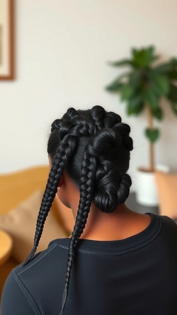A woman with medium knotless box braids styled in a low ponytail, showcasing a neat and elegant hairstyle.