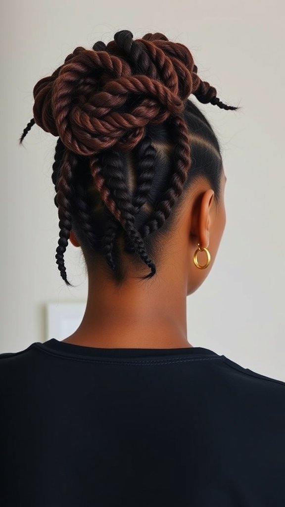 A woman with medium knotless box braids styled in a messy bun, showcasing a chic and relaxed hairstyle.