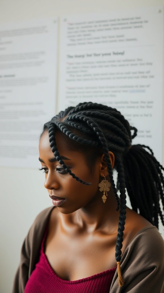 A woman with medium knotless box braids styled in a messy look, wearing a maroon top and gold earrings.