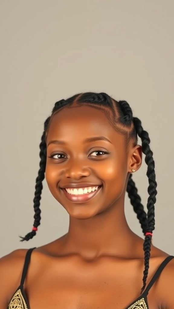 A young woman with medium knotless box braids, smiling brightly.