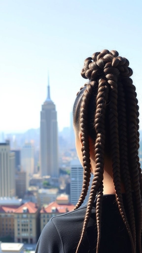 A woman with medium knotless box braids styled in a ponytail, overlooking a city skyline.