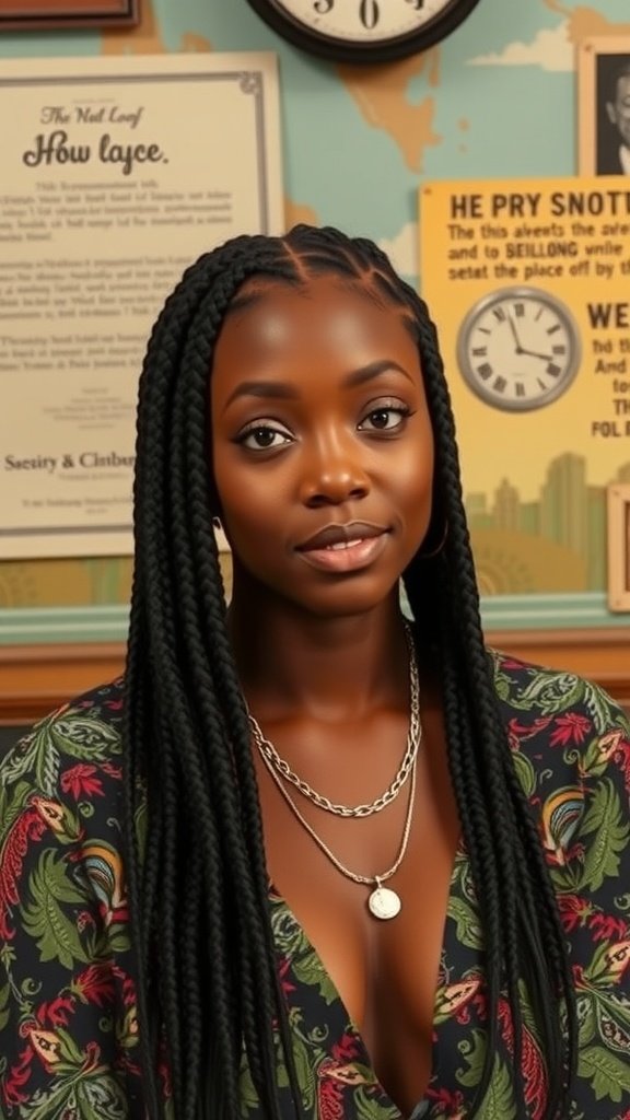 A woman with medium knotless box braids, showcasing a retro vibe with a floral outfit.