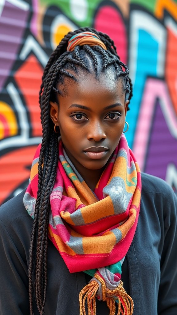 A model with medium knotless box braids wearing a colorful scarf against a graffiti background.