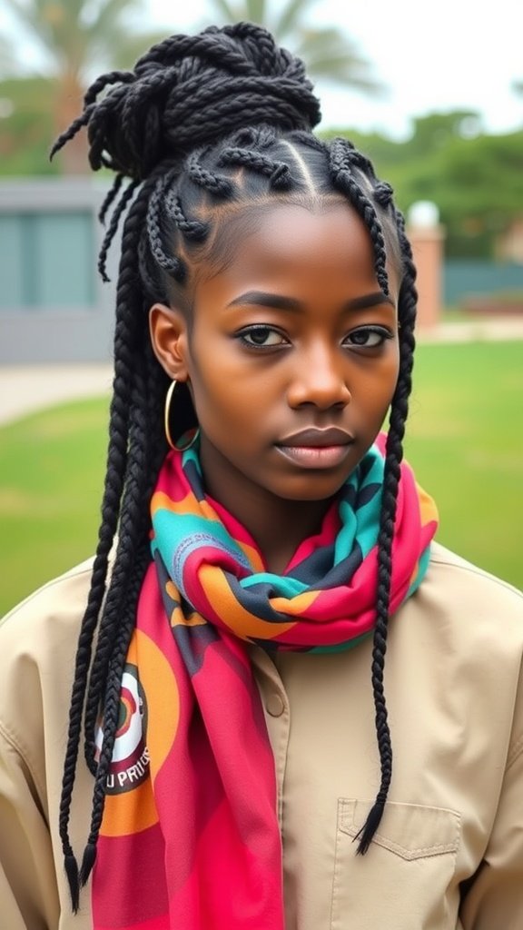 A young woman with medium knotless box braids styled with a colorful scarf.