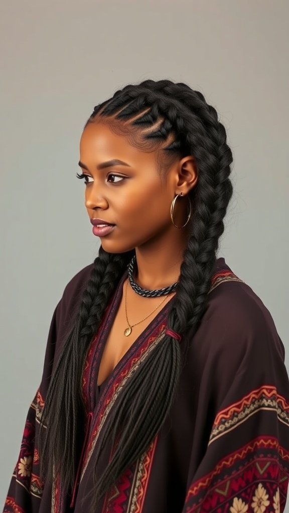 A woman with medium knotless box braids styled with a side braid, wearing a patterned outfit.