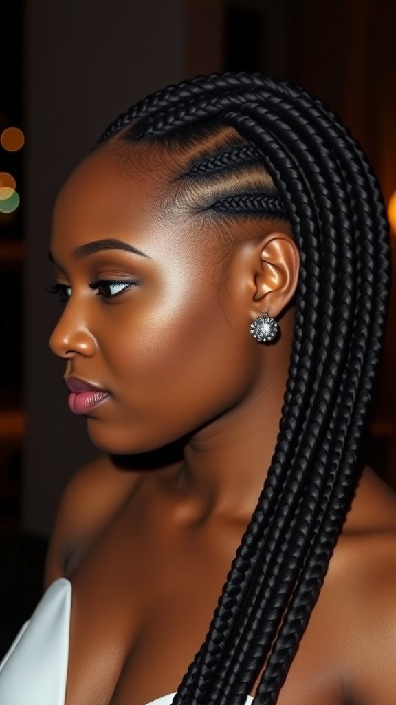 A woman with medium knotless box braids styled with a side part, showcasing a sleek and elegant look.
