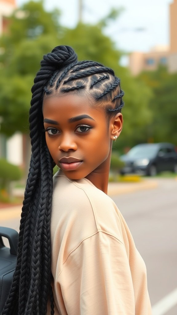 A young woman with medium knotless box braids styled in a side ponytail, showcasing a chic and modern look.