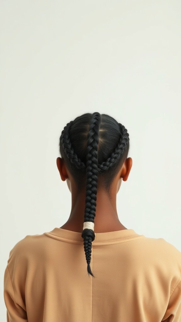 Back view of a person with medium knotless box braids styled in a simple twist.