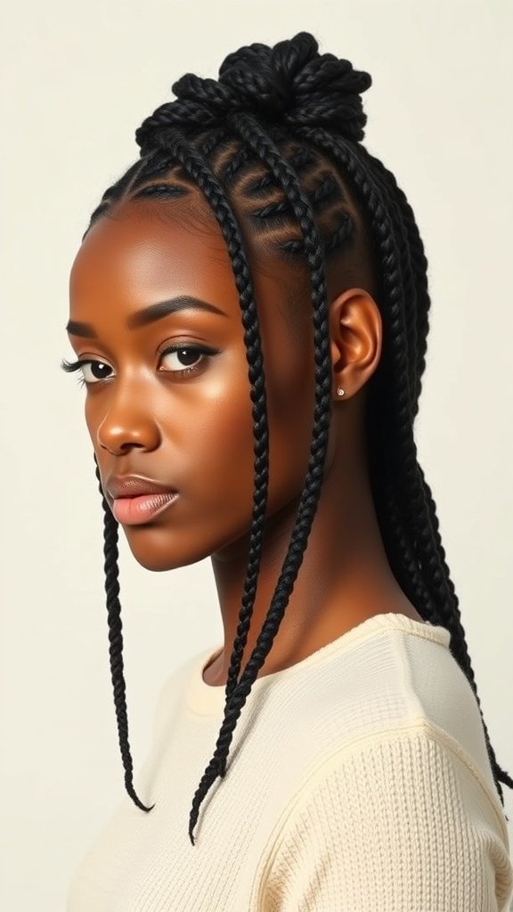 A woman with medium knotless box braids styled in a sleek finish, showcasing a polished and modern look.