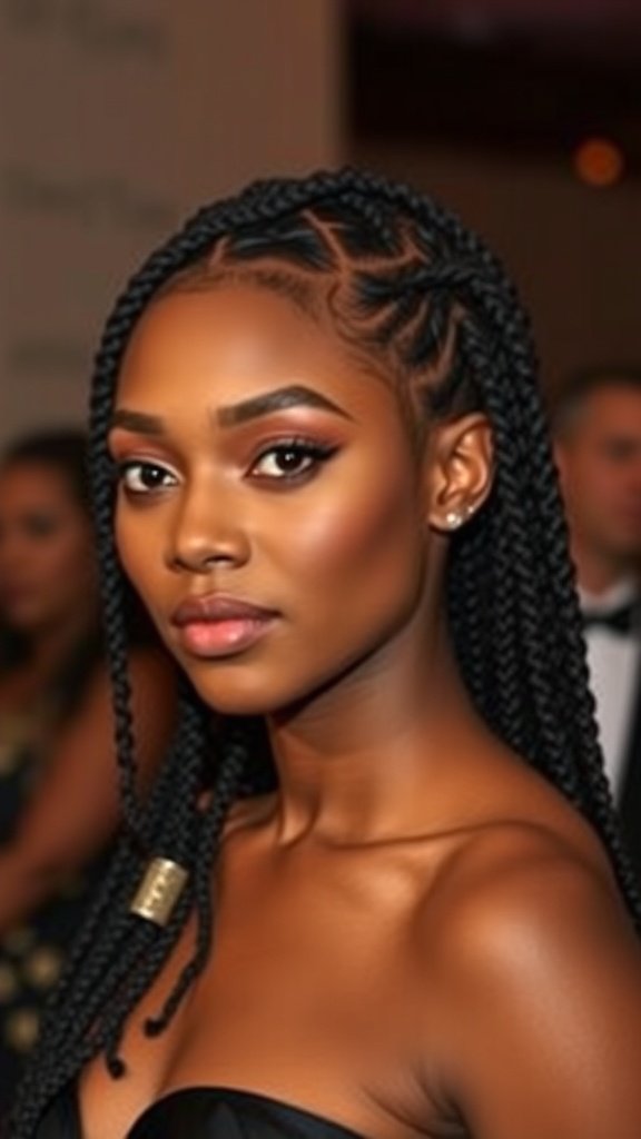 A woman with medium knotless box braids styled sleekly, showcasing a polished look.