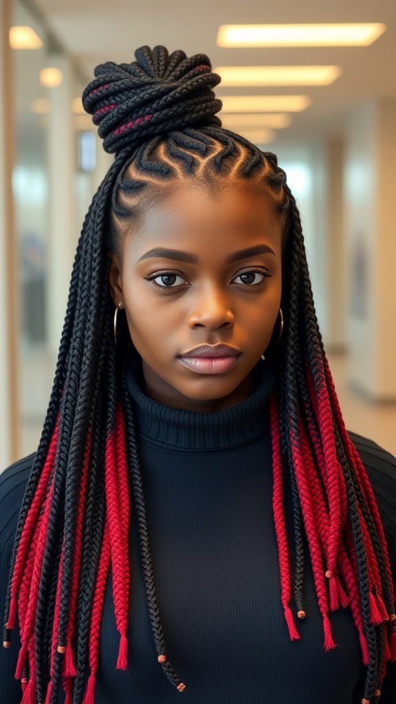 A person with medium knotless box braids styled in a bun, featuring a sleek finish and a mix of black and red colors.