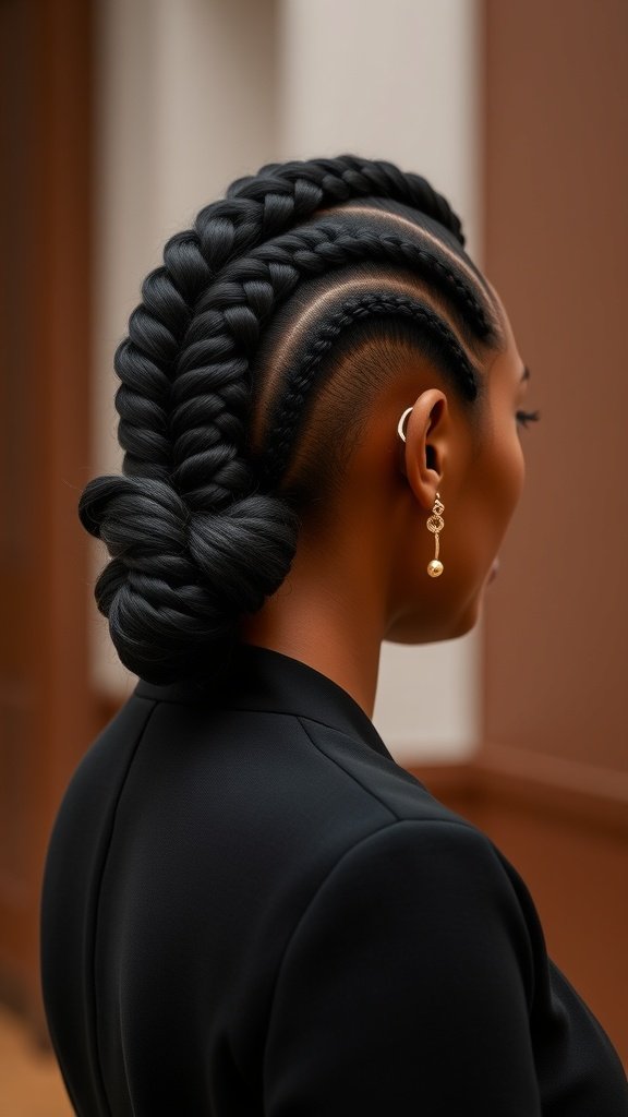 A woman with medium knotless box braids styled in a sleek side bun, showcasing a sophisticated look.
