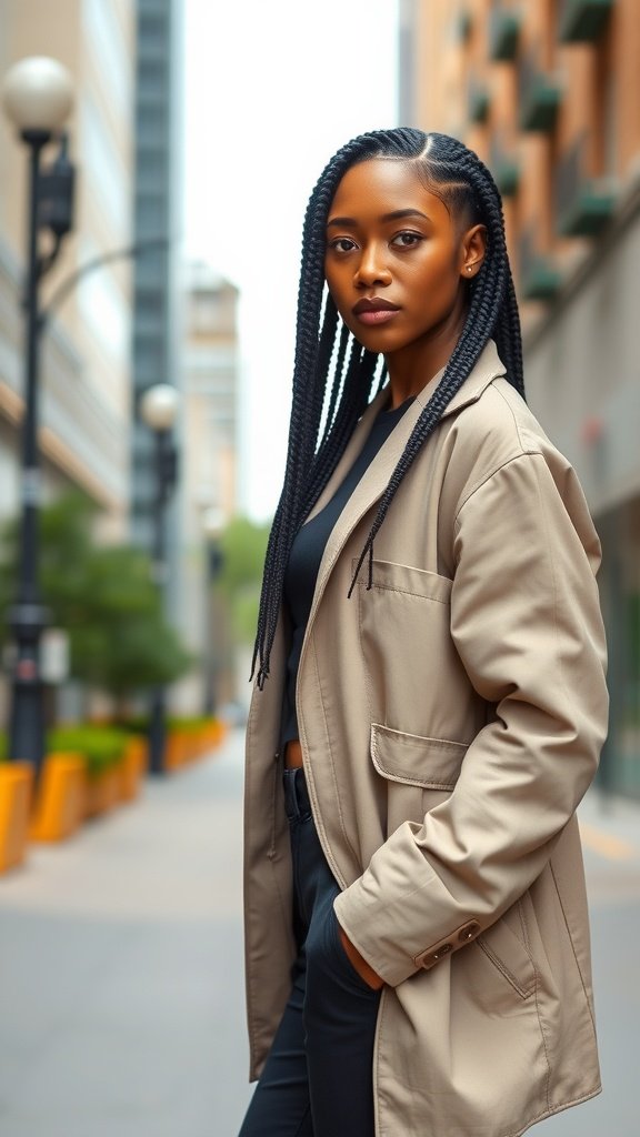 A person with medium knotless box braids styled with a sleek side part, wearing a beige jacket, standing in an urban setting.