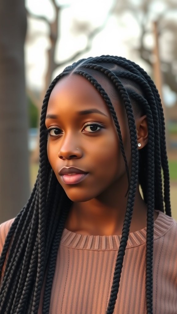 A close-up of a person with medium knotless box braids, showcasing a subtle glow and natural beauty.