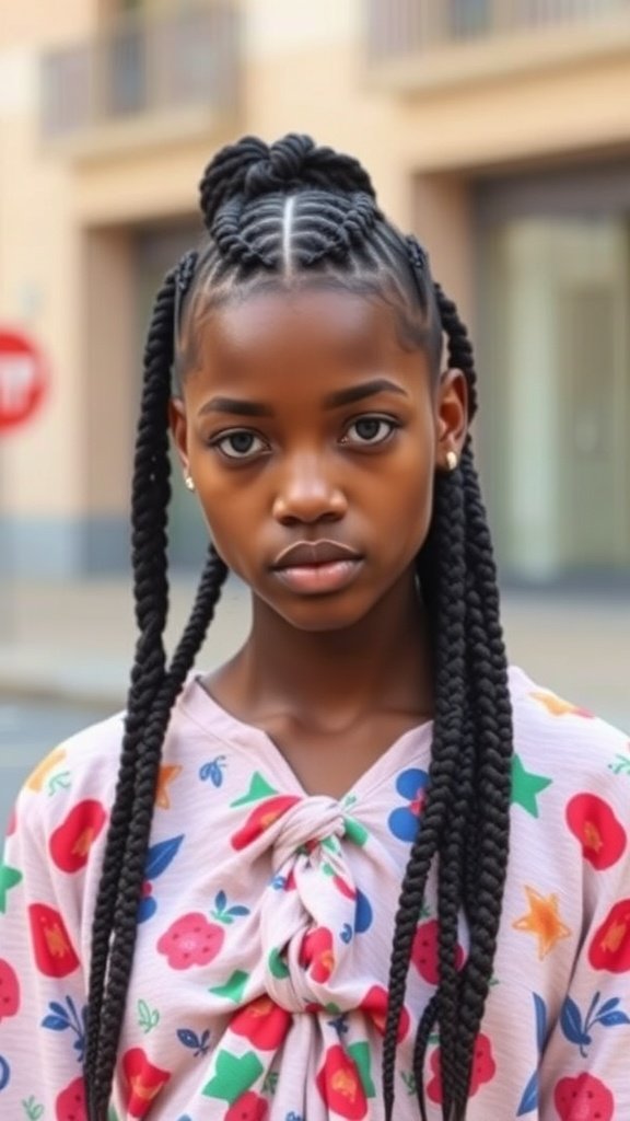 A young girl with medium knotless box braids styled with a twist, wearing a colorful floral top.