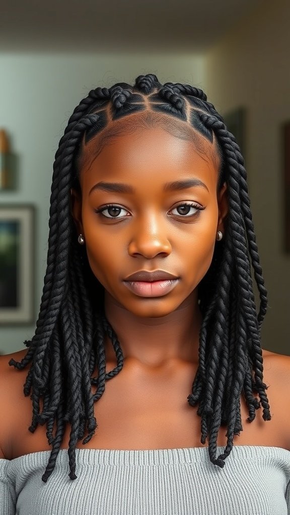 A woman with medium knotless box braids styled with a twist out, showcasing a vibrant and stylish look.