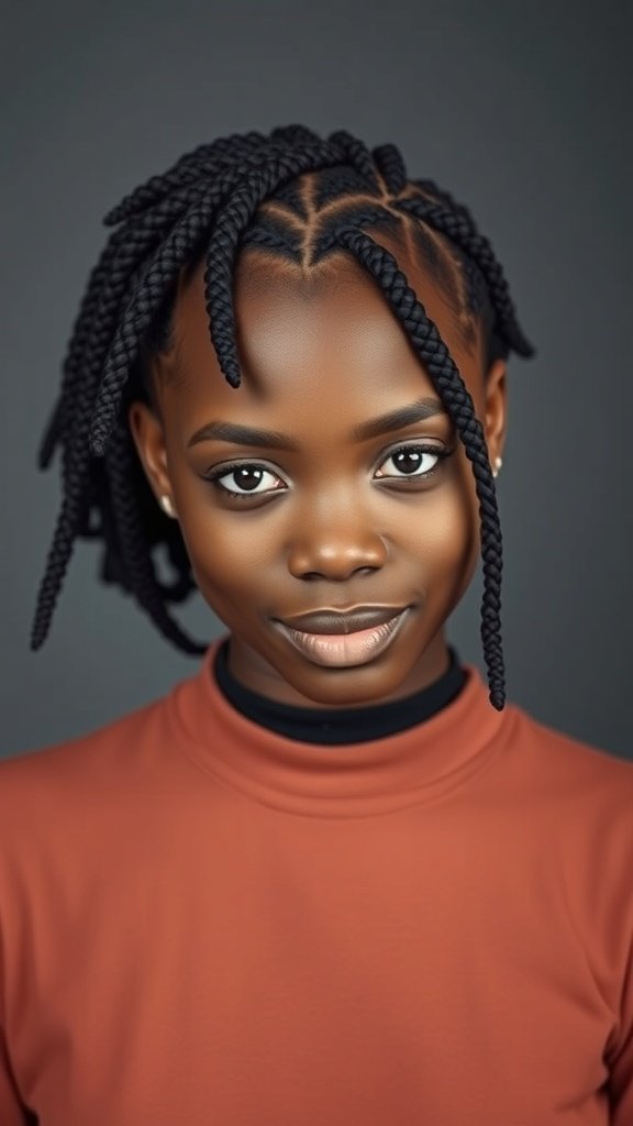 A close-up of a person with medium knotless box braids featuring a unique parting, showcasing a stylish and polished look.
