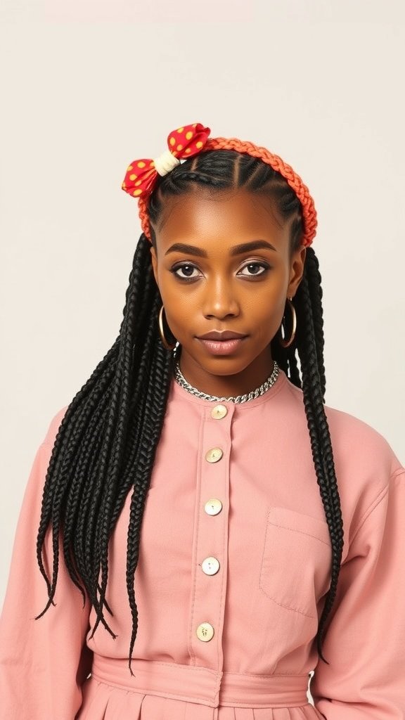 A model with medium knotless box braids wearing a pink dress and a red polka dot bow.