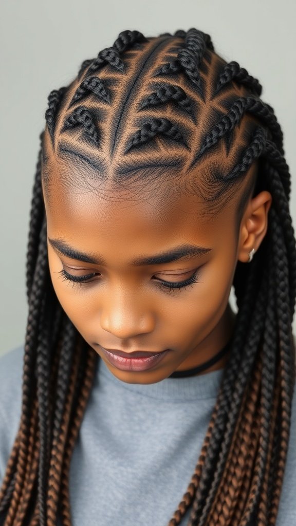 A close-up of medium knotless box braids styled with a zigzag part, showcasing the intricate design and texture.