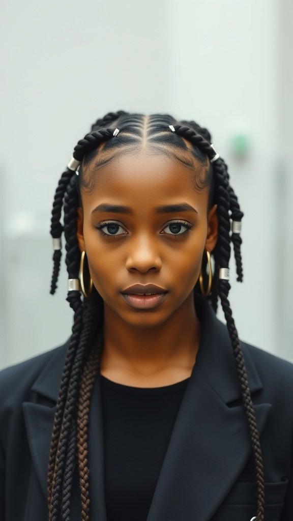 A woman with medium knotless box braids adorned with accessories, showcasing a stylish and elegant look.