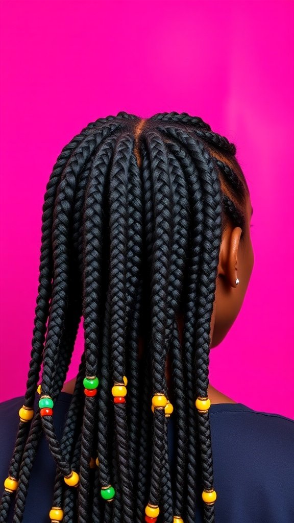 A close-up view of medium knotless box braids with colorful beads against a pink background.