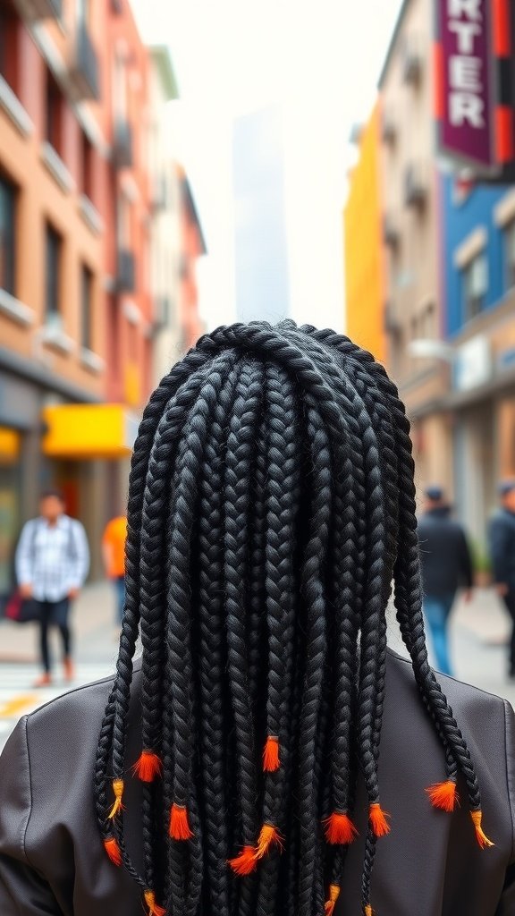 A person with medium knotless box braids featuring vibrant orange highlights, standing in a city street.