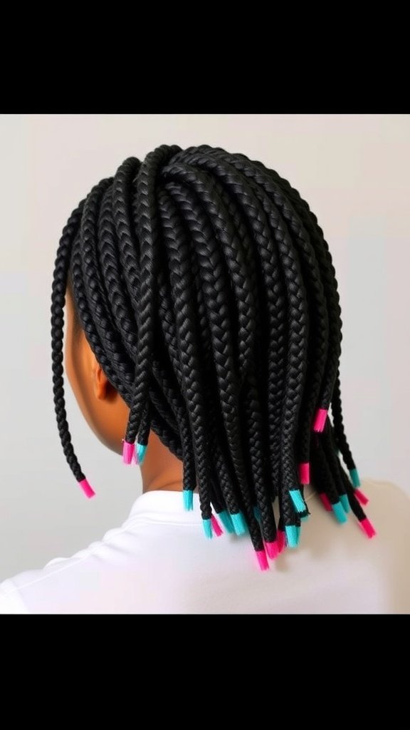 A person with medium knotless box braids featuring black hair with pink and blue tips.