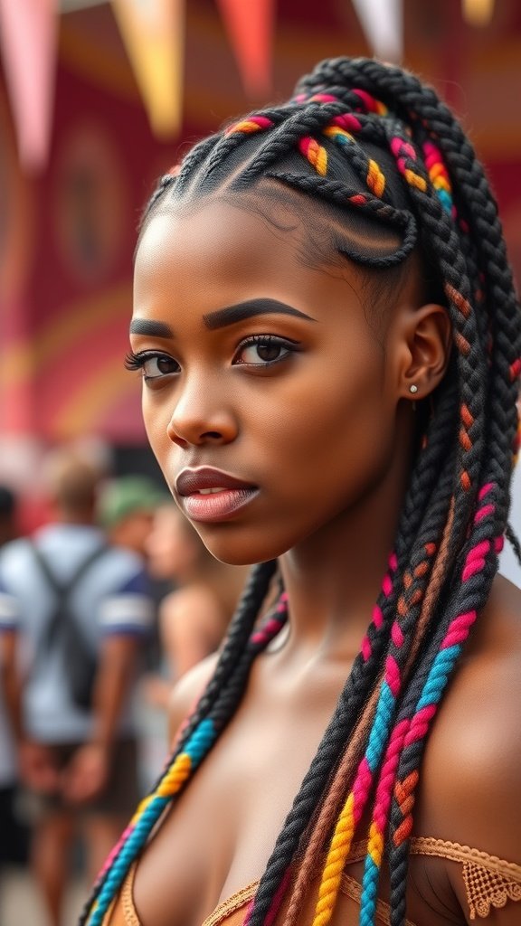 A young woman with medium knotless box braids featuring colorful ombre, showcasing a vibrant hairstyle.