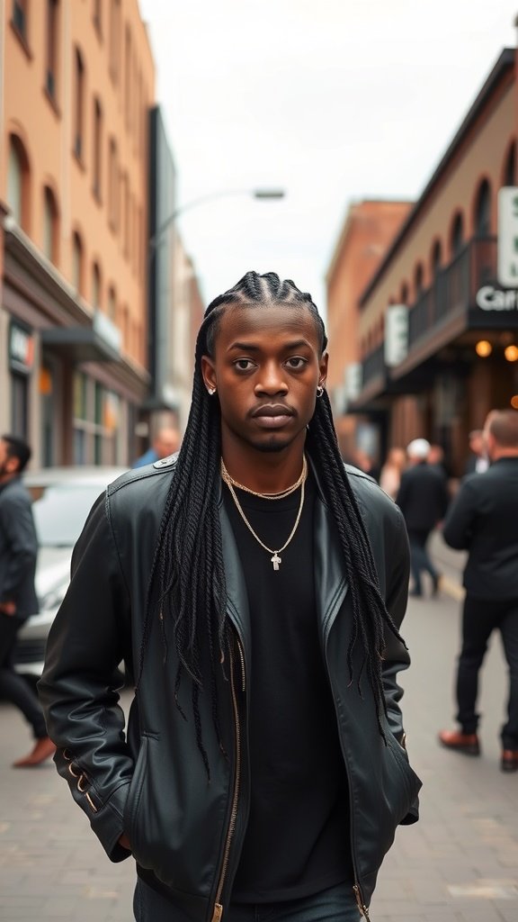 A person with medium knotless box braids and a fade hairstyle, standing in an urban area.