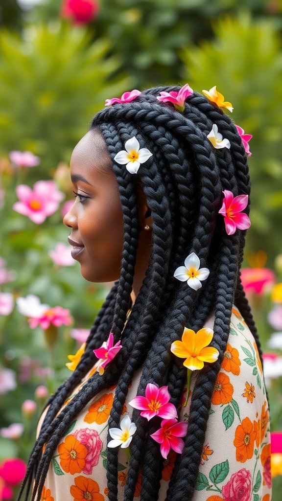 A woman with medium knotless box braids decorated with colorful flowers, standing in a garden.