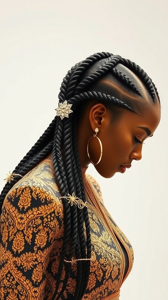 A woman with medium knotless box braids adorned with gold thread, showcasing a stylish and elegant hairstyle.