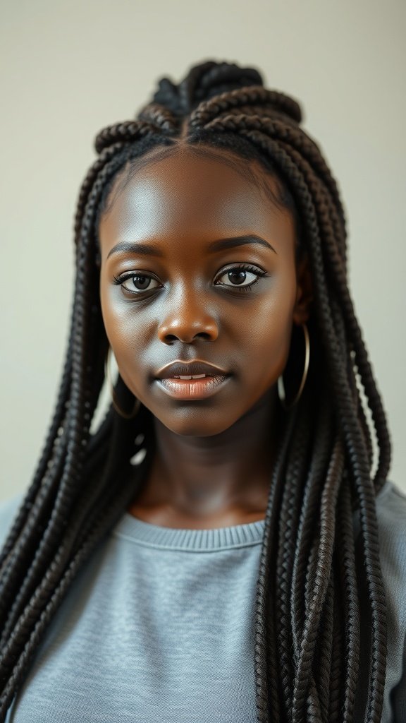 A young woman with medium knotless box braids, showcasing natural texture and shine.
