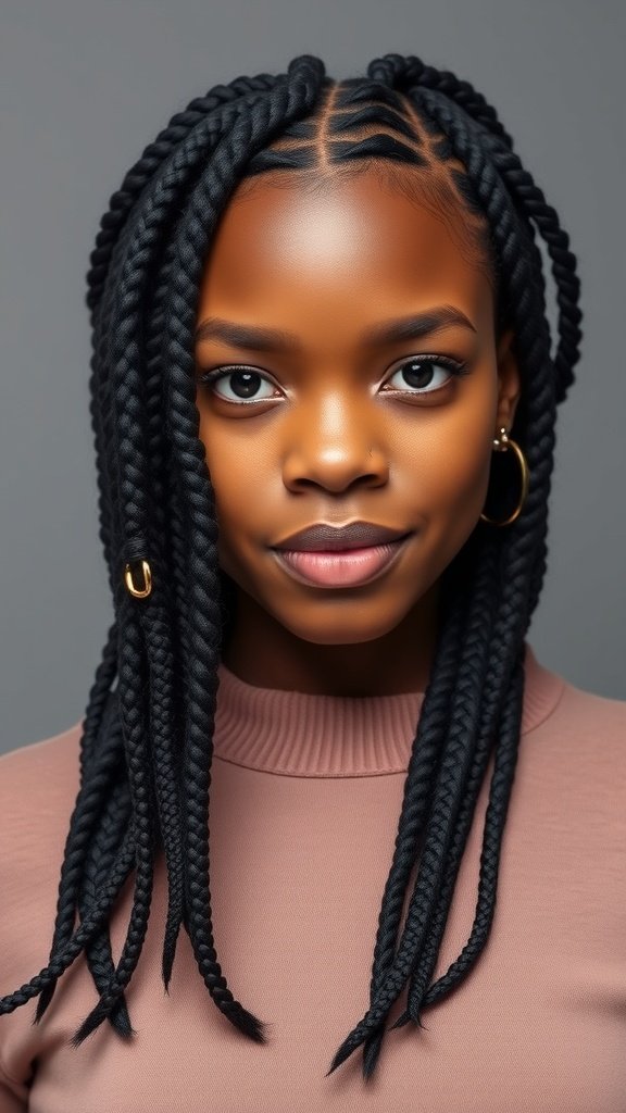 A young woman with medium knotless box braids adorned with rings, showcasing a stylish and elegant hairstyle.