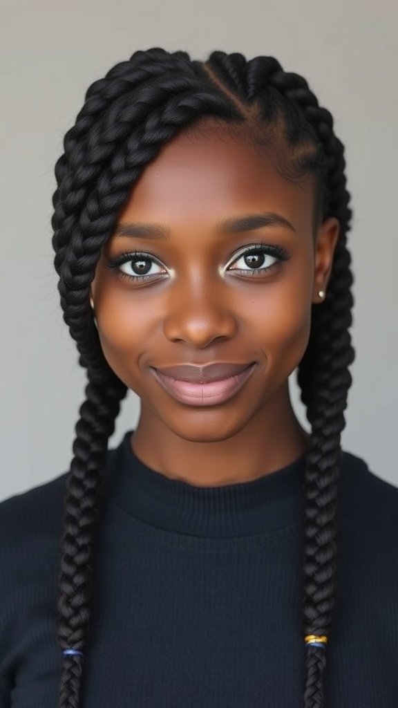 A young woman with medium knotless box braids styled with side-swept bangs, showcasing a beautiful smile.