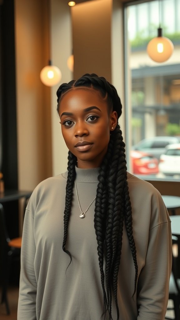 A person with medium knotless box braids styled with side-swept bangs, wearing a gray top in a cozy indoor setting.