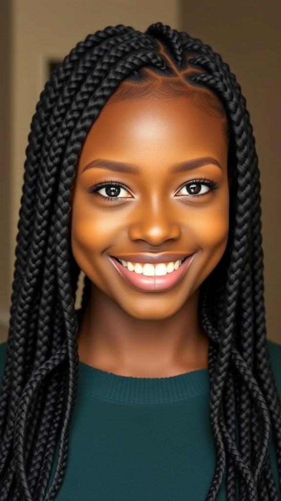 A woman smiling with medium knotless box braids and spiral curls.