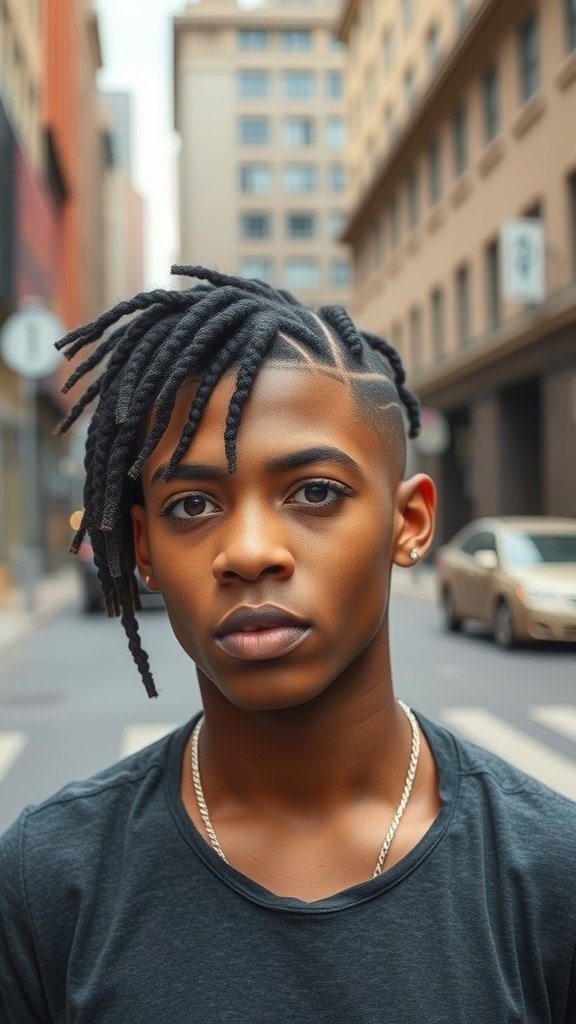 A person with medium knotless box braids and an undercut, standing confidently in an urban setting.