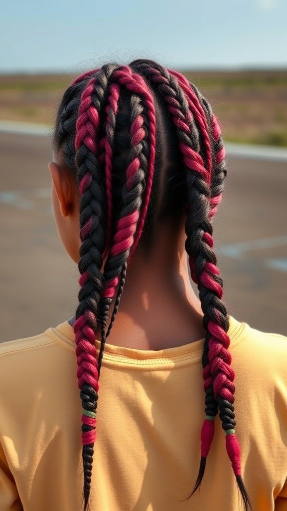 A person with medium knotless braids featuring a mix of black and pink colors, showcasing a stylish hairstyle.