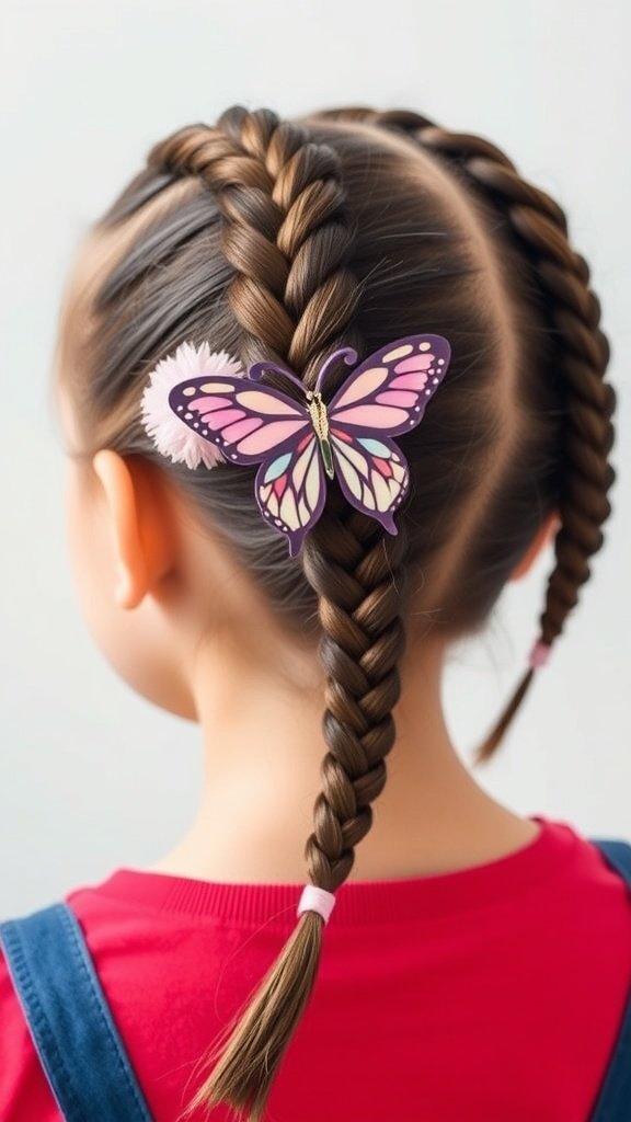 A girl with medium knotless braids adorned with a butterfly clip.