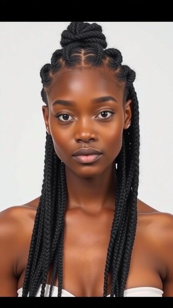 A person with medium knotless braids styled in a center part, showcasing a clean and elegant look.