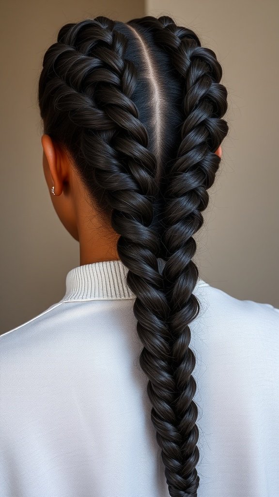 A close-up view of two medium knotless braids styled elegantly down the back.