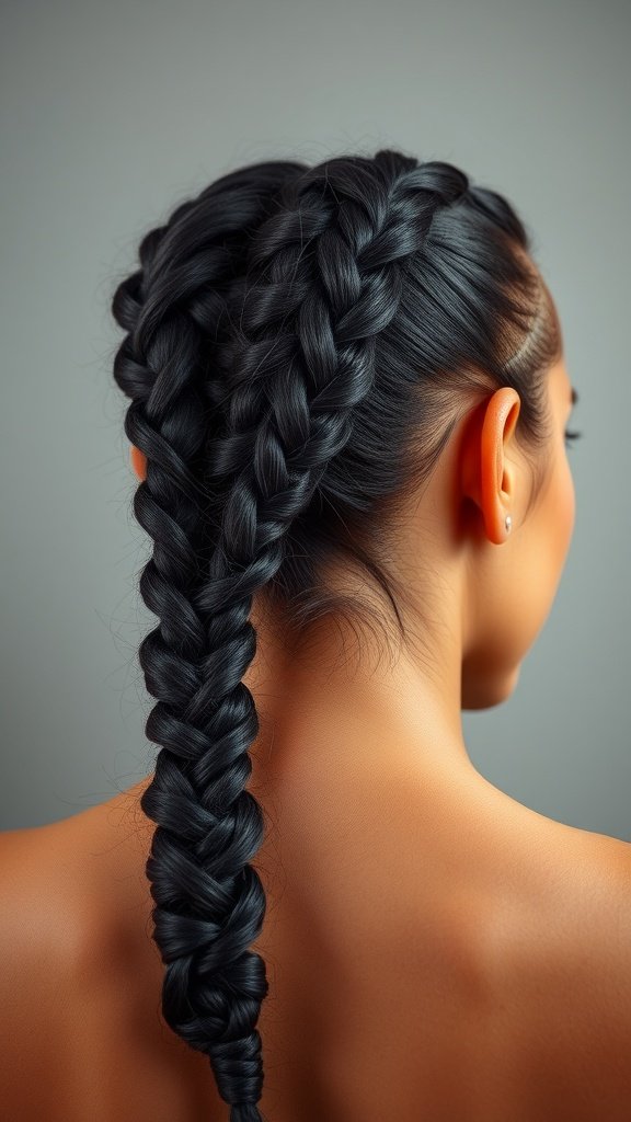 A close-up view of medium knotless braids styled into a crown braid.