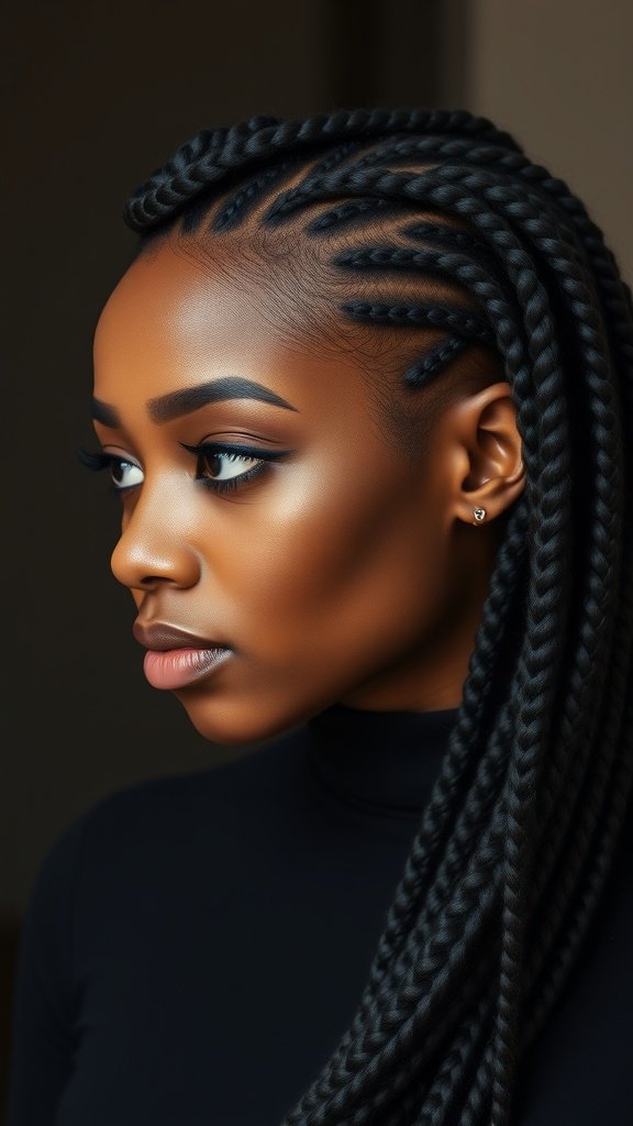 A close-up of a person with medium knotless braids styled in a dramatic side part.
